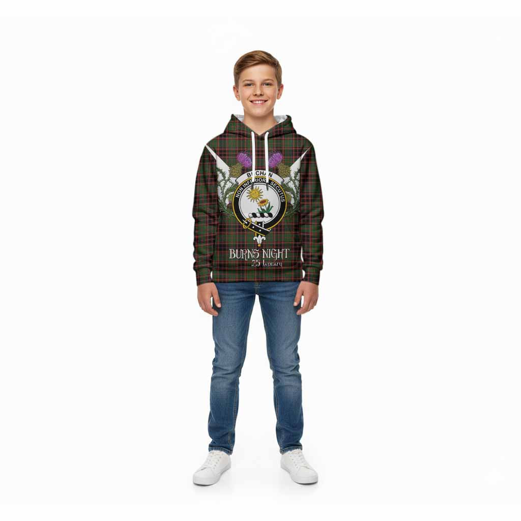 Buchan Tartan Family Crest Kid Hoodie Scottish Burns Night Thistle Floral