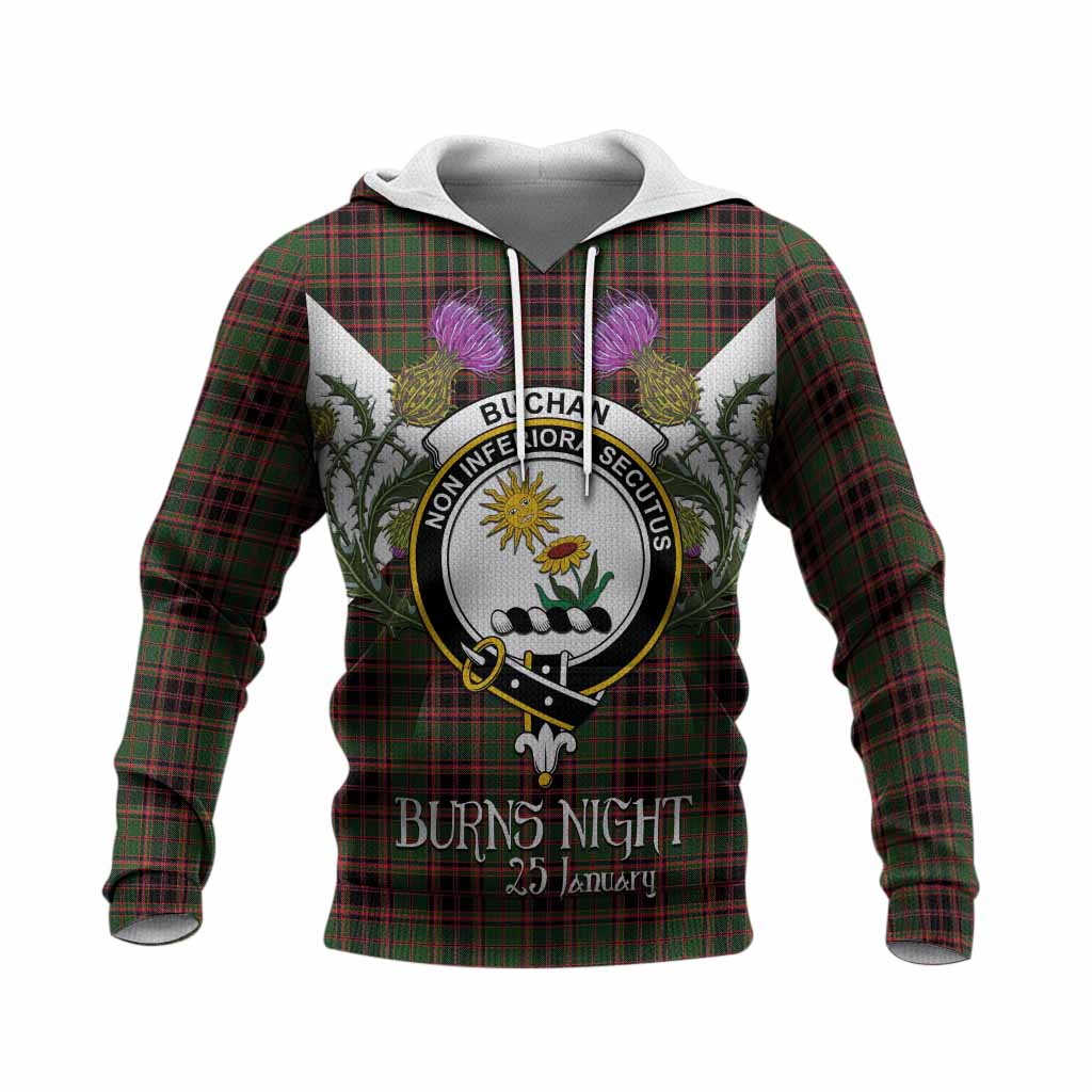 Buchan Tartan Family Crest Knitted Hoodie Scottish Burns Night Thistle Floral