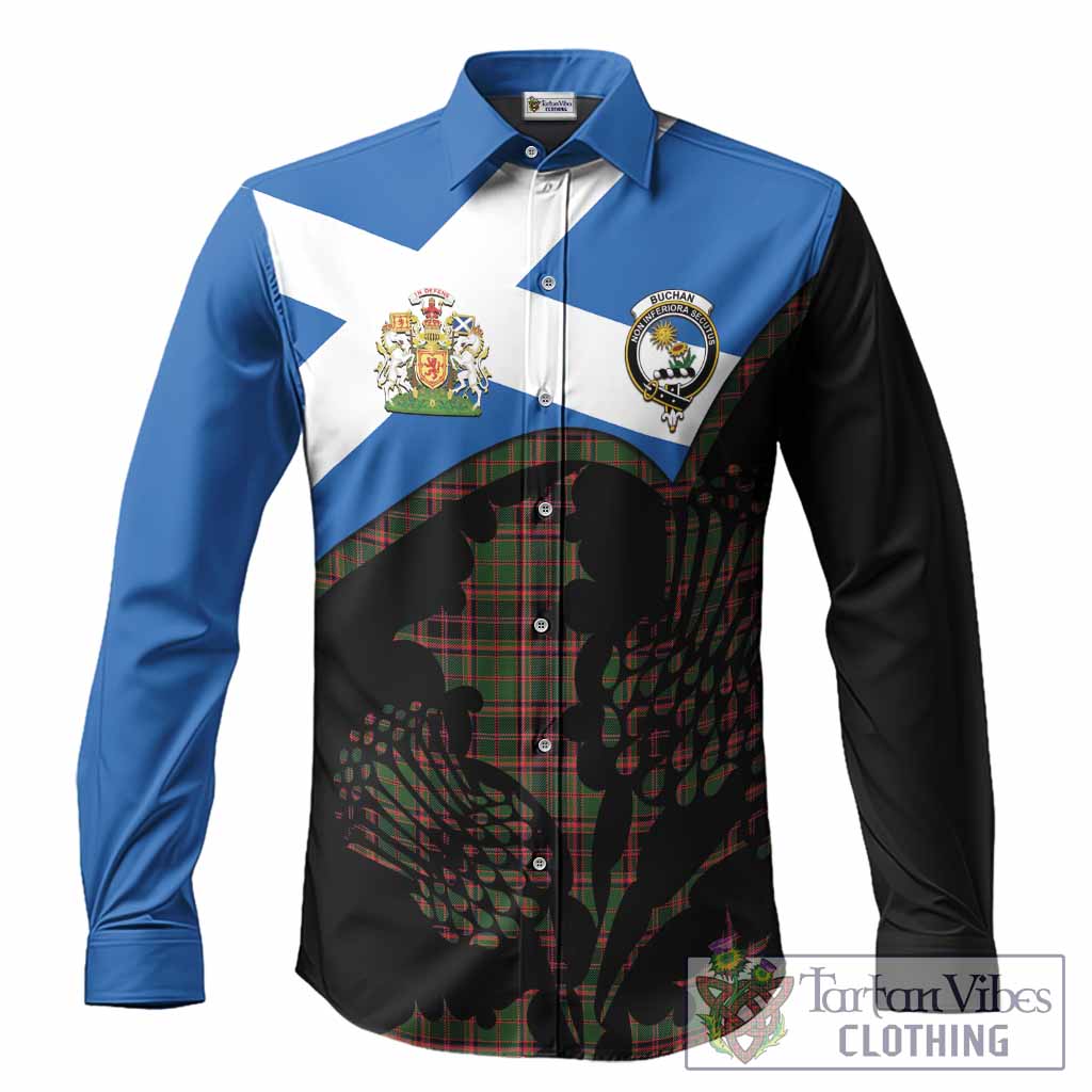 Buchan Tartan Family Crest Long Sleeve Button Shirts Scotland Thistle Floral Flag Style