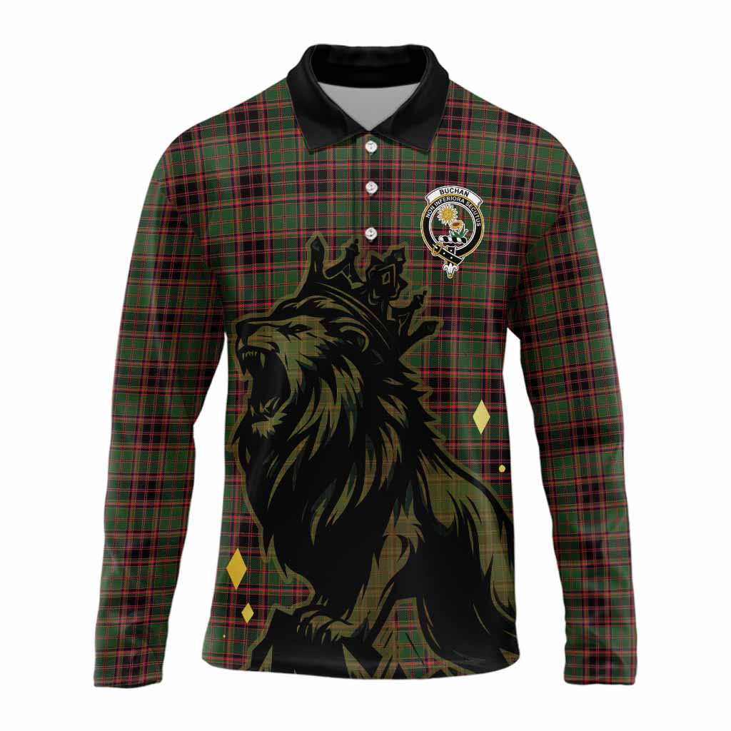Buchan Tartan Family Crest Long Sleeve Polo Shirt Crowned Lion Roaring