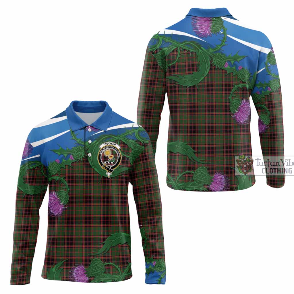 Buchan Tartan Family Crest Long Sleeve Polo Shirt Thistle in Minimalism