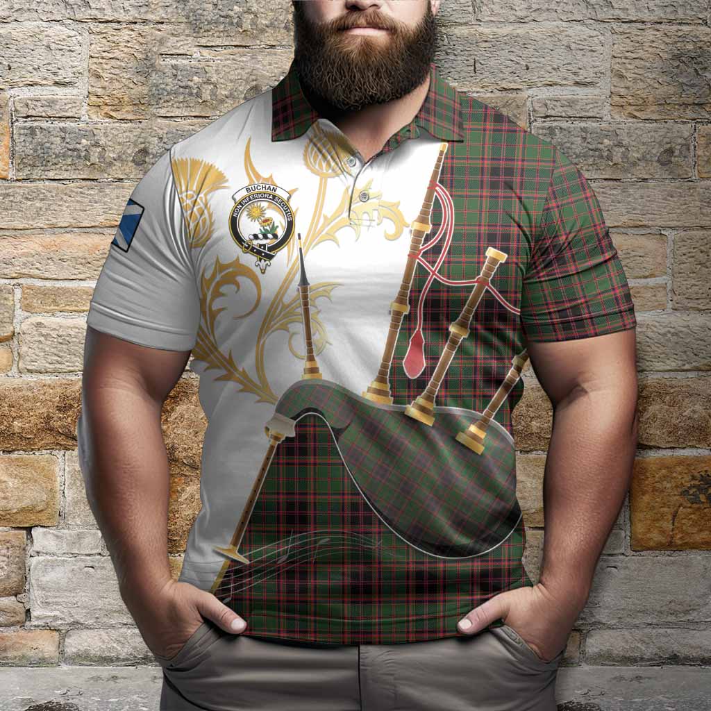 Buchan Tartan Family Crest Polo Shirt Bagpipes with Scottish Thistle