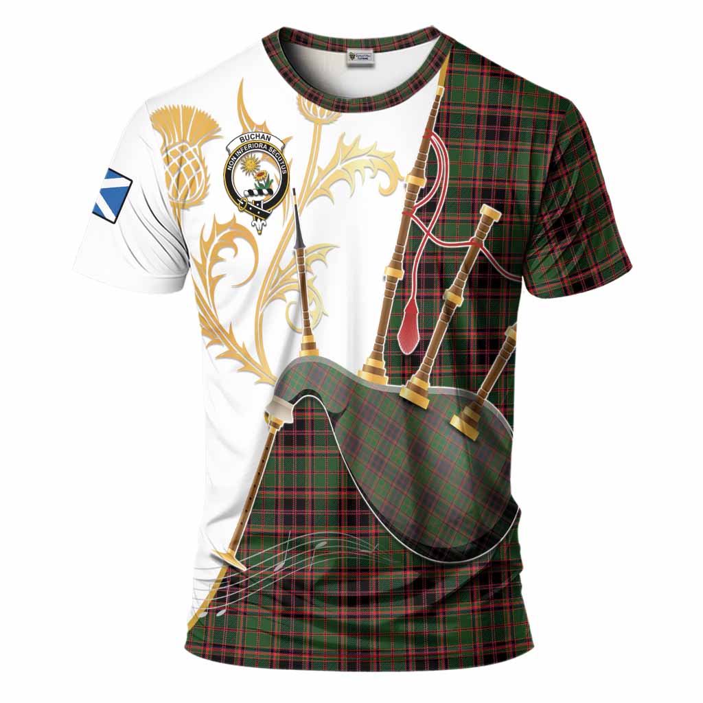 Buchan Tartan Family Crest T-Shirt Bagpipes with Scottish Thistle