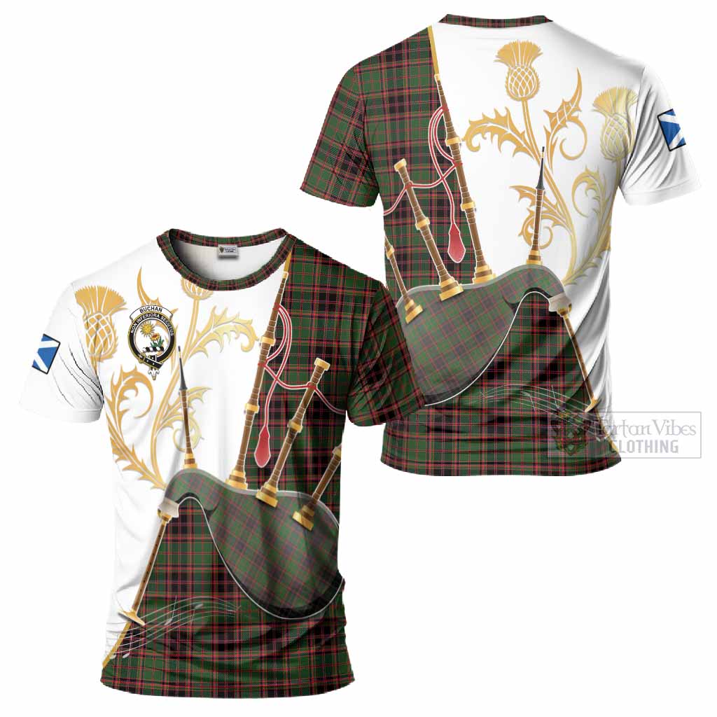 Buchan Tartan Family Crest T-Shirt Bagpipes with Scottish Thistle