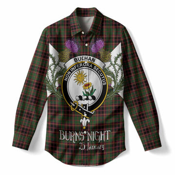 Buchan Tartan Family Crest Women Casual Shirt Scottish Burns Night Thistle Floral