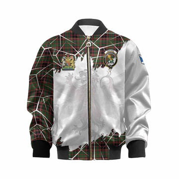 Buchan Tartan Kid Bomber Jacket with Family Crest and Lion Rampant Grunge Style