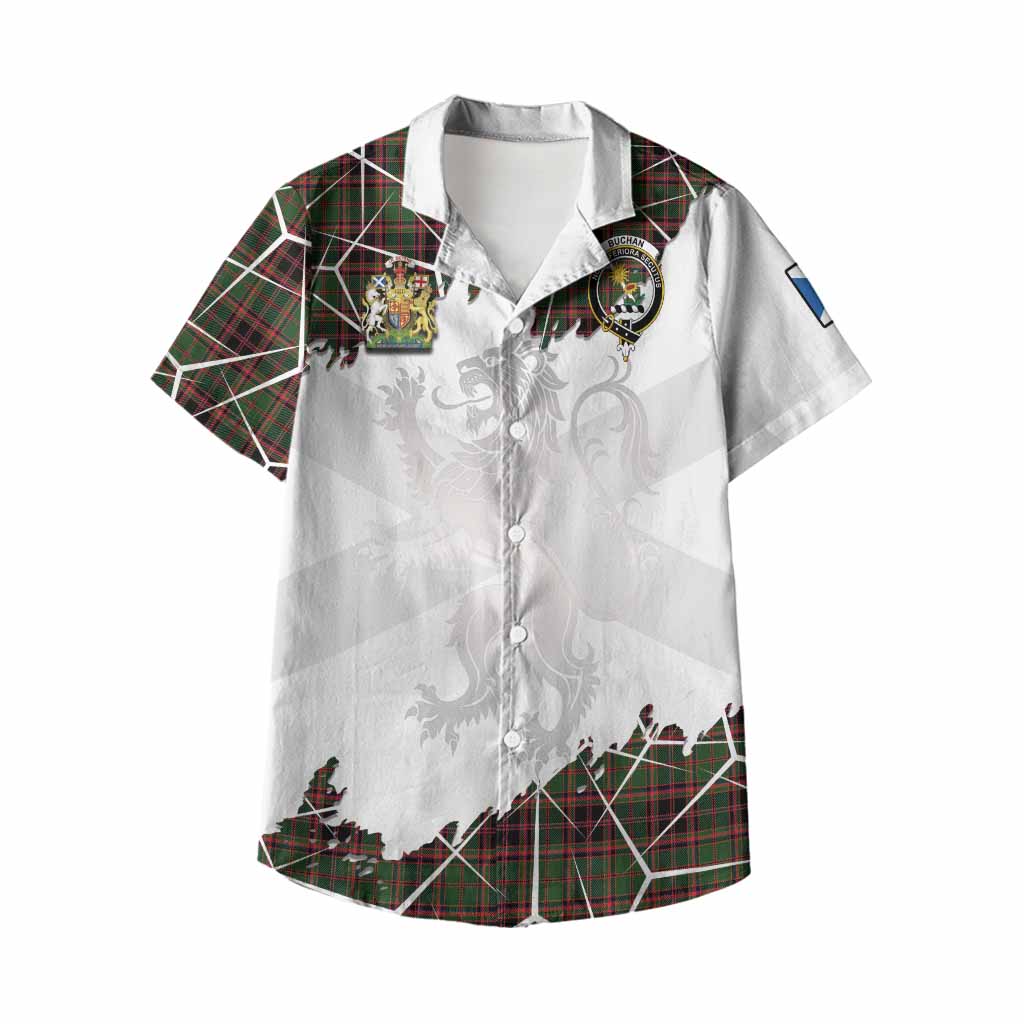 Buchan Tartan Kid Hawaiian Shirt with Family Crest and Lion Rampant Grunge Style