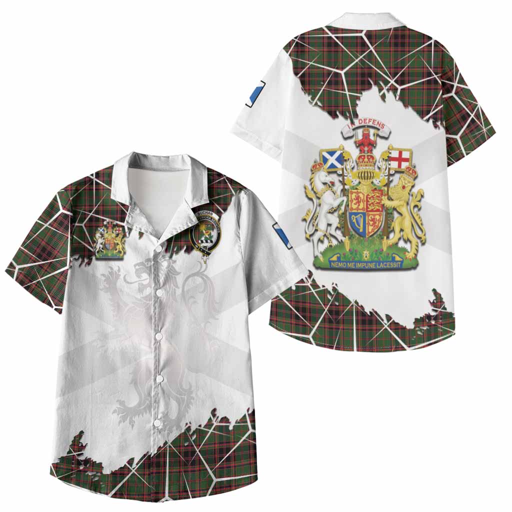 Buchan Tartan Kid Hawaiian Shirt with Family Crest and Lion Rampant Grunge Style