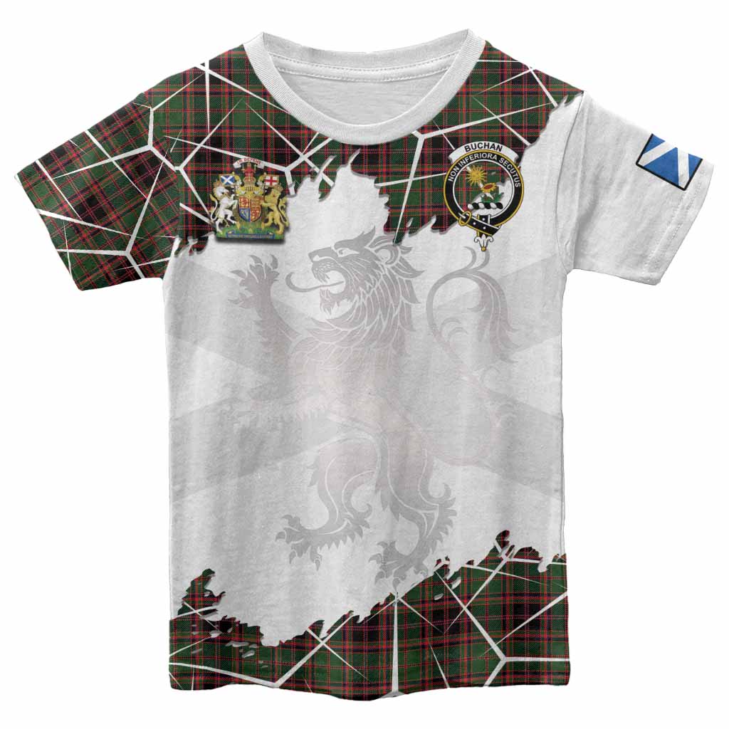 Buchan Tartan Kid T-shirt with Family Crest and Lion Rampant Grunge Style