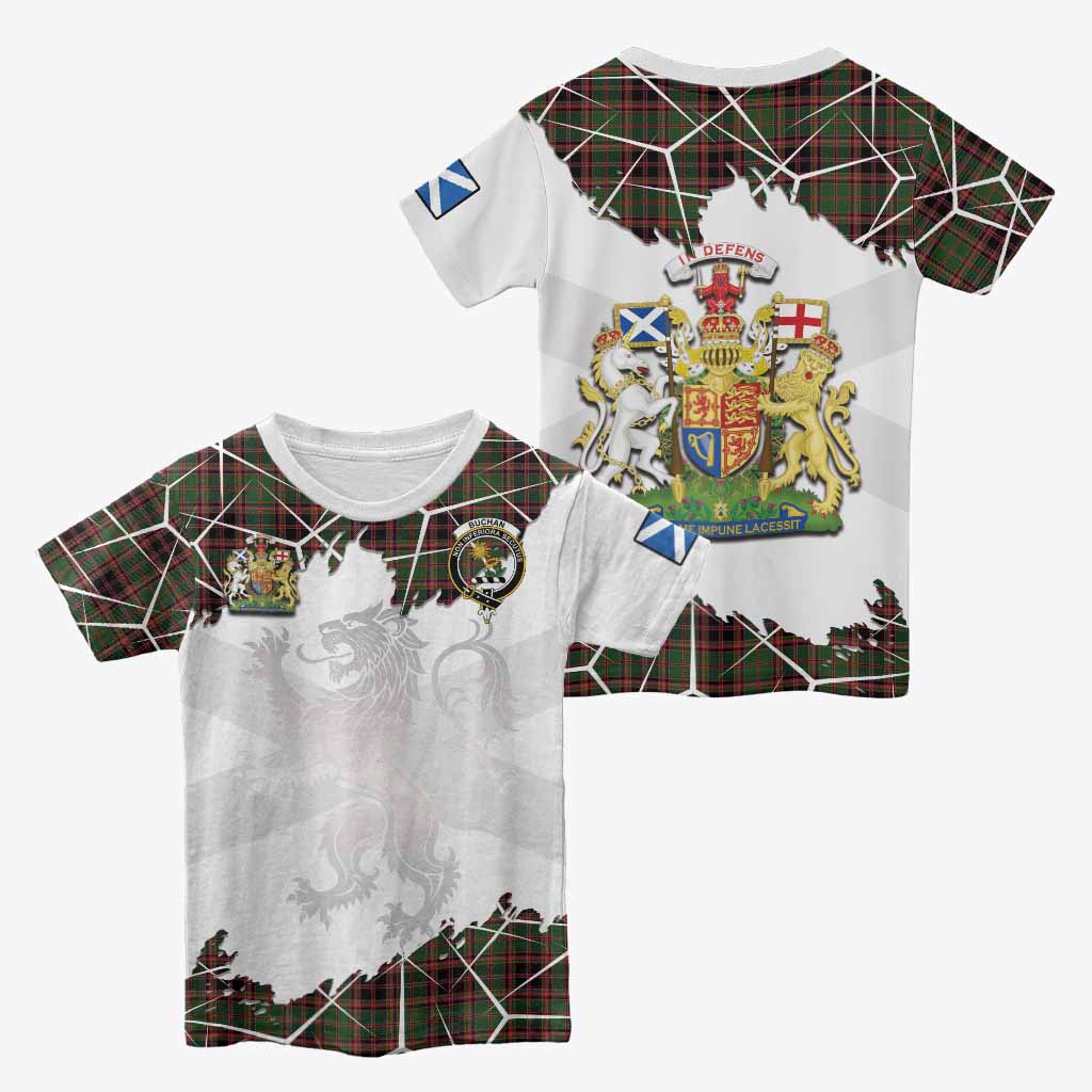 Buchan Tartan Kid T-shirt with Family Crest and Lion Rampant Grunge Style