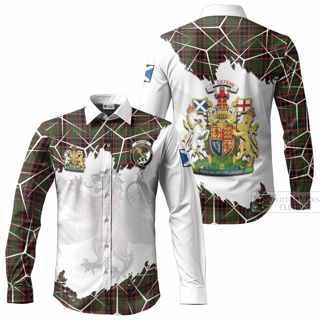 Buchan Tartan Long Sleeve Button Shirts with Family Crest and Lion Rampant Grunge Style
