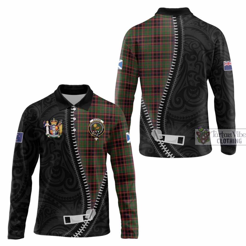 Buchan Tartan Long Sleeve Polo Shirt New Zealand Pattern Unique Zipper Stylized