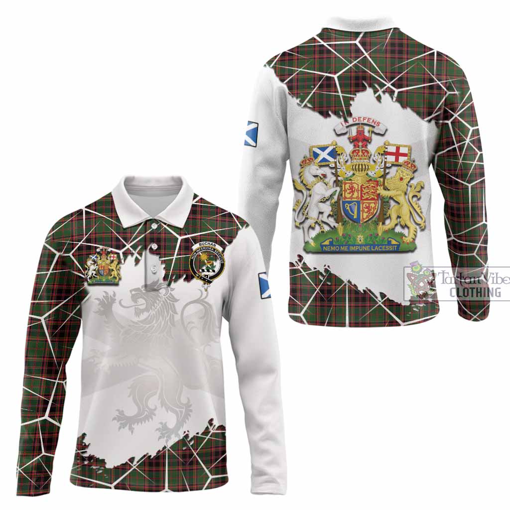 Buchan Tartan Long Sleeve Polo Shirt with Family Crest and Lion Rampant Grunge Style