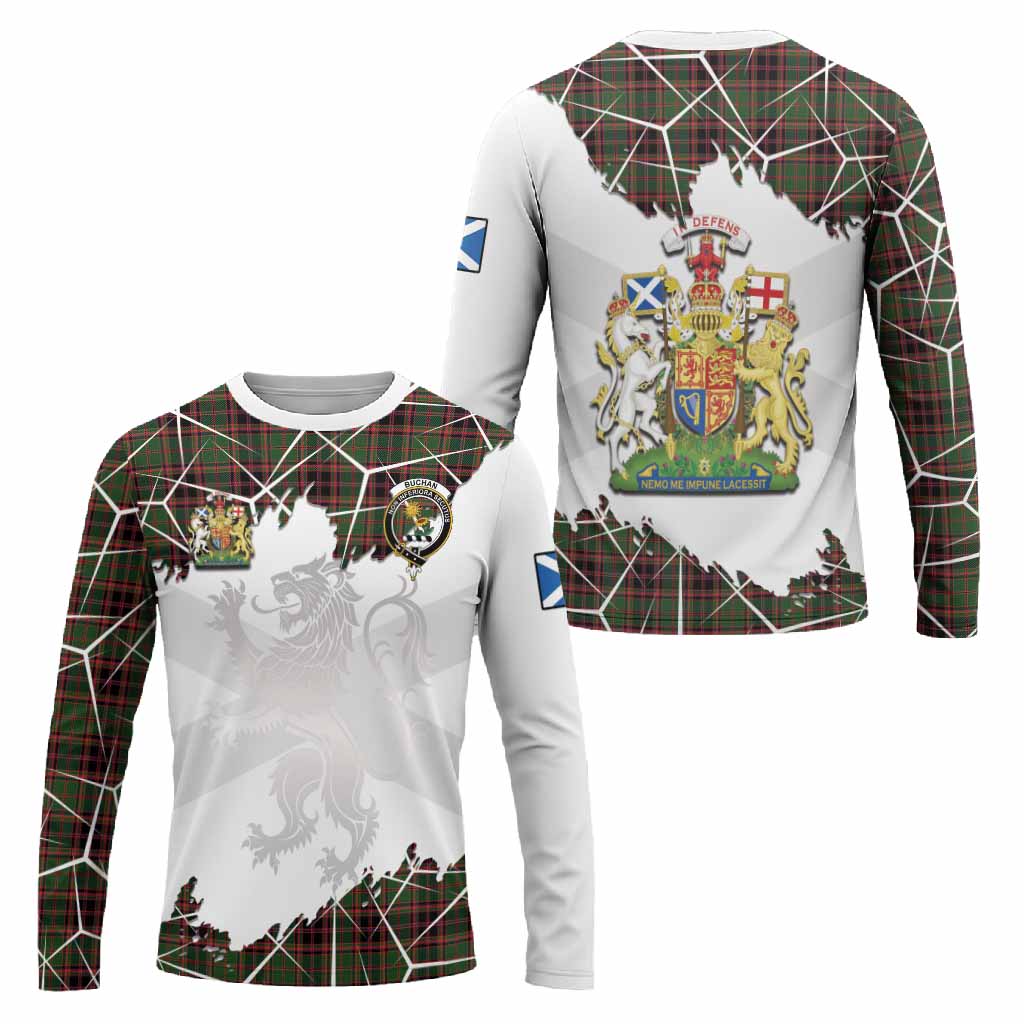 Buchan Tartan Long Sleeve T-Shirt with Family Crest and Lion Rampant Grunge Style