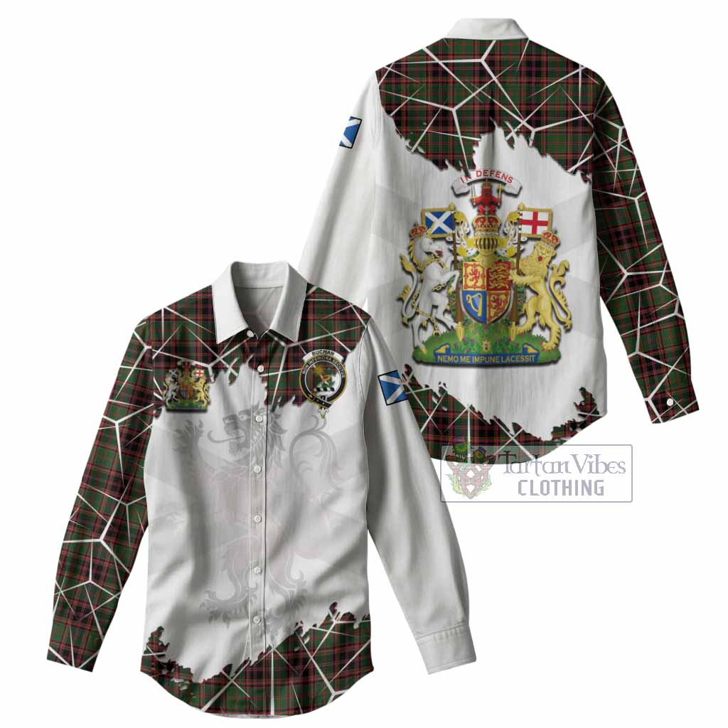Buchan Tartan Women Casual Shirt with Family Crest and Lion Rampant Grunge Style