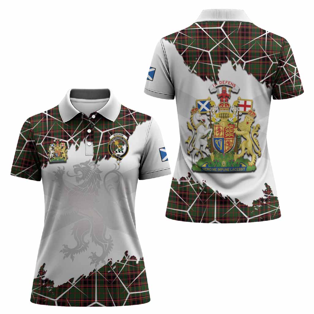 Buchan Tartan Women Polo Shirt with Family Crest and Lion Rampant Grunge Style
