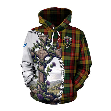 Tartan Vibes Clothing Buchanan Tartan Cotton Hoodie with Family Crest and St. Andrew's Cross Accented by Thistle Vines