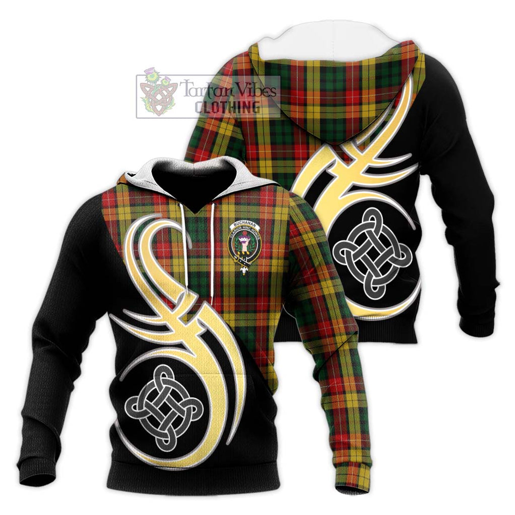 Buchanan Tartan Knitted Hoodie with Family Crest and Celtic Symbol Style Unisex Knitted Pullover Hoodie - Tartan Vibes Clothing