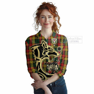 Tartan Vibes Clothing Buchanan Tartan Women's Casual Shirt with Family Crest Celtic Wolf Style