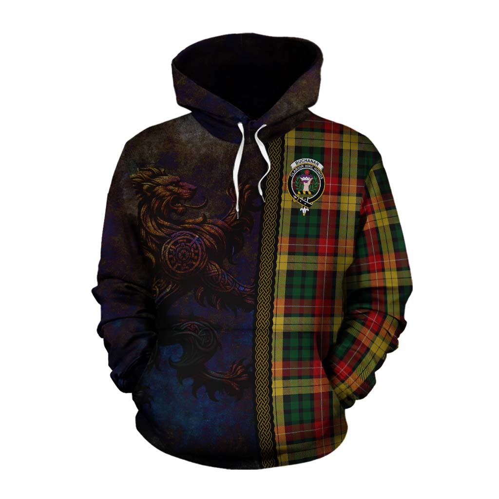 Tartan Vibes Clothing Buchanan Tartan Family Crest Cotton Hoodie Alba Gu Brath Be Brave Lion Ancient Style