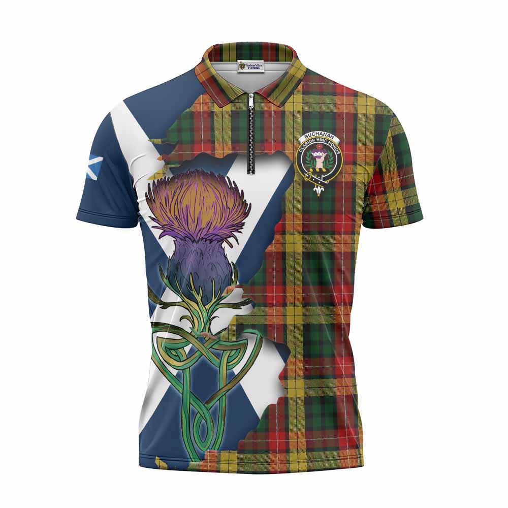 Tartan Vibes Clothing Buchanan Tartan Family Crest Zipper Polo Shirt Scottish Thistle Celtic Inspired