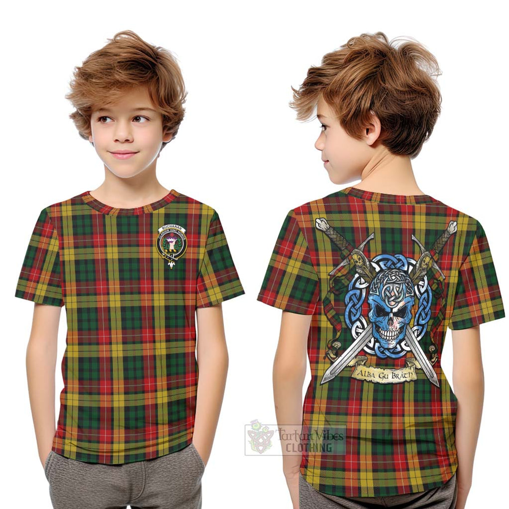 Tartan Vibes Clothing Buchanan Tartan Kid T-Shirt with Family Crest Celtic Skull Style