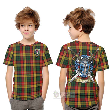 Tartan Vibes Clothing Buchanan Tartan Kid T-Shirt with Family Crest Celtic Skull Style
