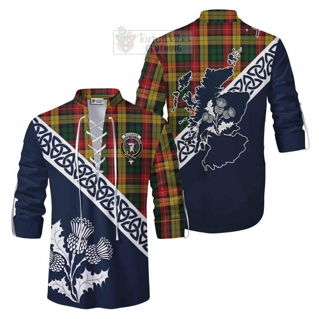 Tartan Vibes Clothing Buchanan Tartan Ghillie Kilt Shirt Featuring Thistle and Scotland Map