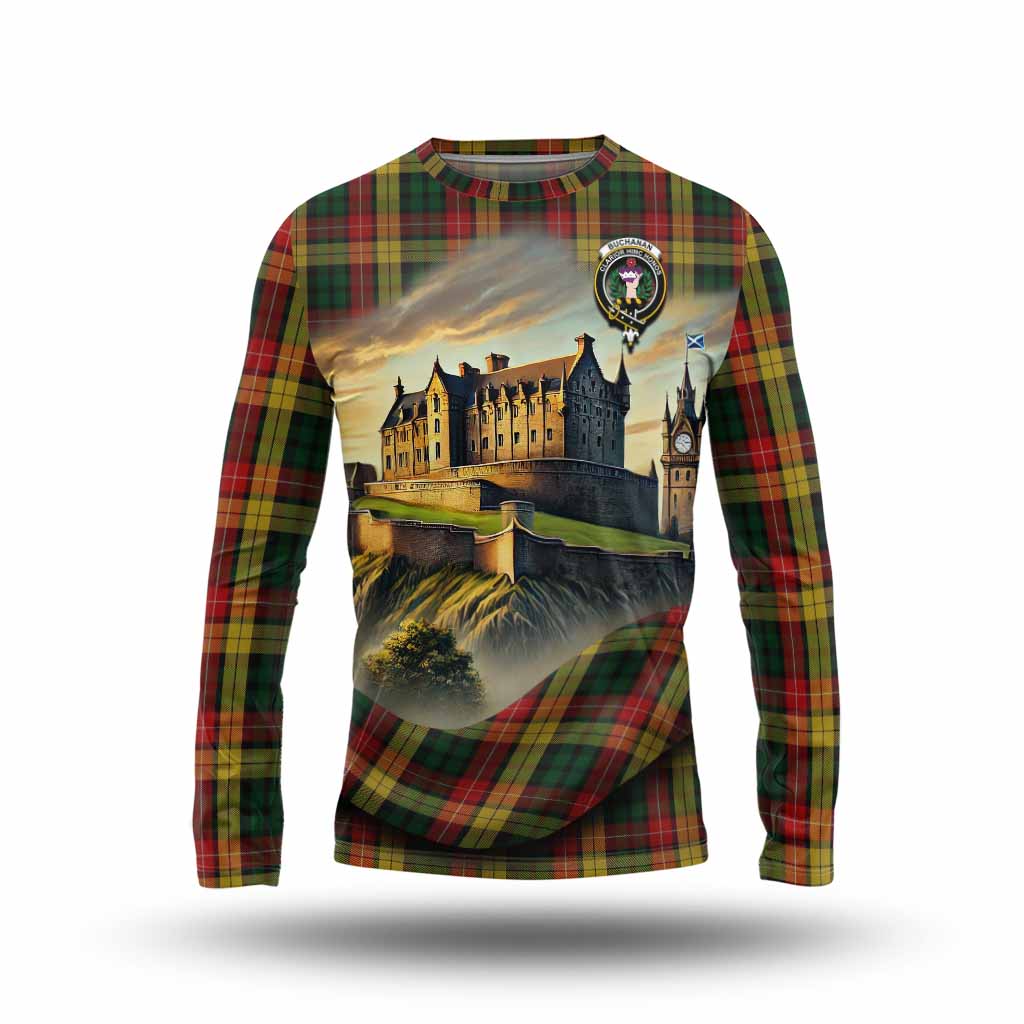 Tartan Vibes Clothing Buchanan Tartan Family Crest Long Sleeve T-Shirt with Scottish Ancient Castle Style