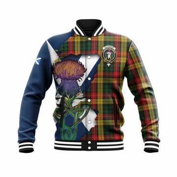 Tartan Vibes Clothing Buchanan Tartan Family Crest Baseball Jacket Scottish Thistle Celtic Inspired