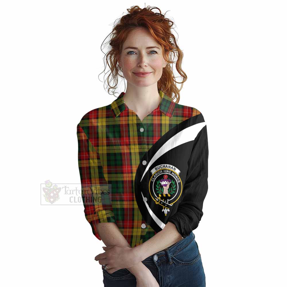 Tartan Vibes Clothing Buchanan Tartan Women's Casual Shirt with Family Crest Circle Style