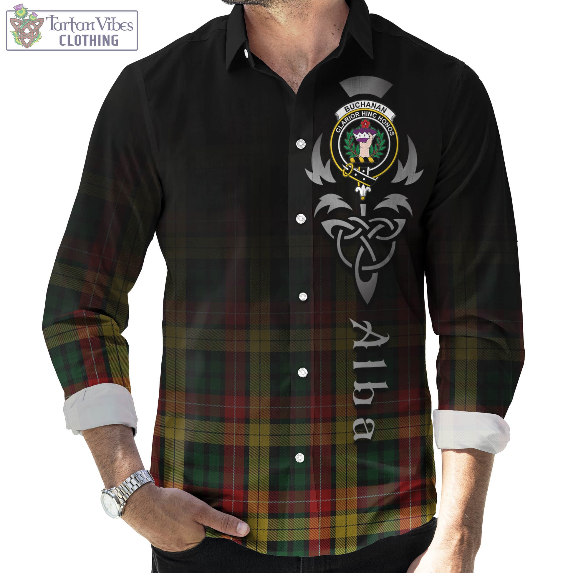 Tartan Vibes Clothing Buchanan Tartan Long Sleeve Button Up Featuring Alba Gu Brath Family Crest Celtic Inspired