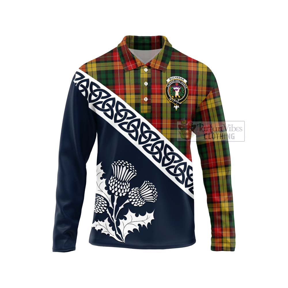 Tartan Vibes Clothing Buchanan Tartan Long Sleeve Polo Shirt Featuring Thistle and Scotland Map