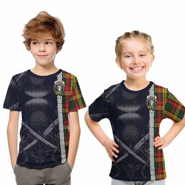 Tartan Vibes Clothing Buchanan Tartan Kid T-Shirt with Family Crest Cross Sword Thistle Celtic Vibes