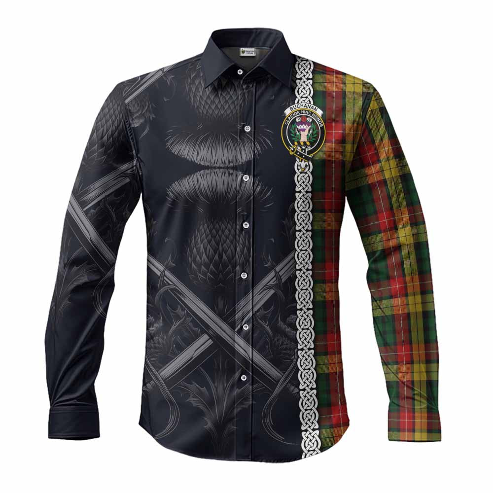 Tartan Vibes Clothing Buchanan Tartan Long Sleeve Button Shirt with Family Crest Cross Sword Thistle Celtic Vibes