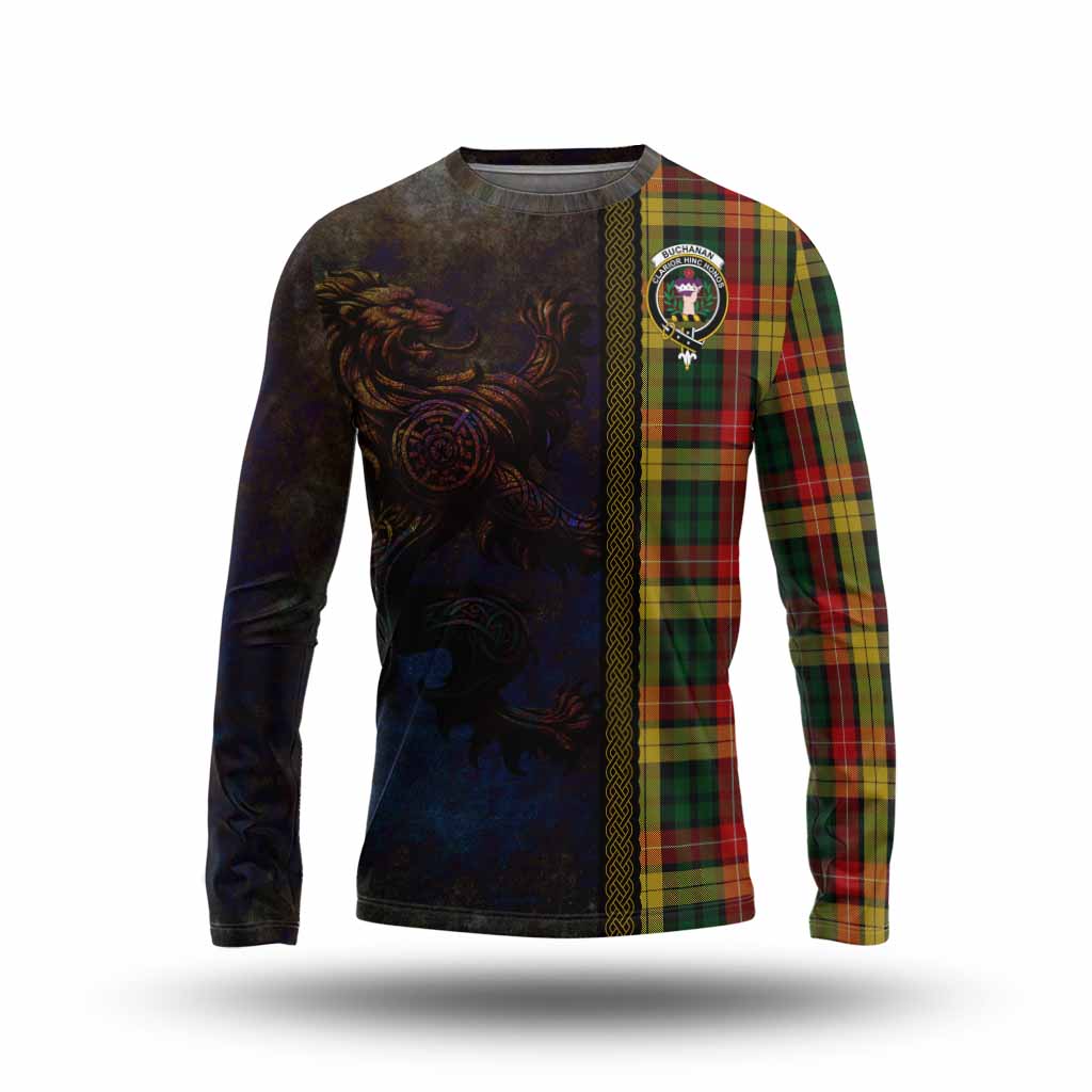 Tartan Vibes Clothing Buchanan Tartan Family Crest Long Sleeve T-Shirt Alba Gu Brath Be Brave Lion Ancient Style