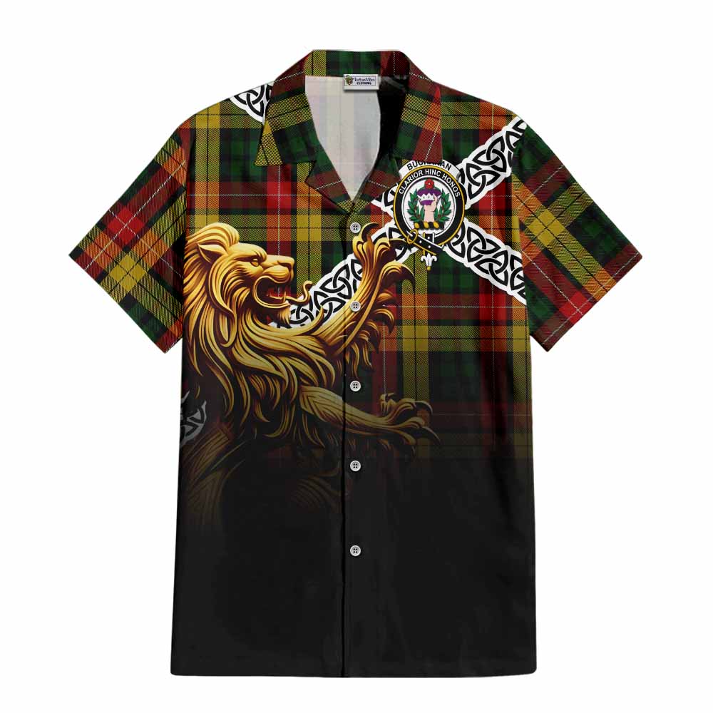 Tartan Vibes Clothing Buchanan Crest Tartan Short Sleeve Button Shirt with Golden Lion Emblem Celtic Style