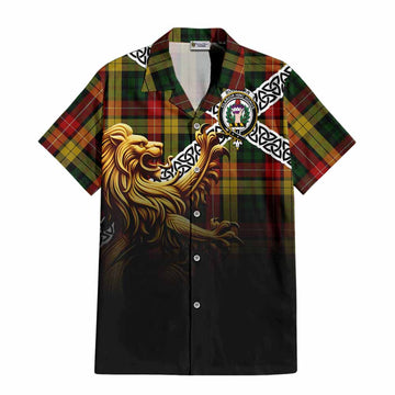 Buchanan Crest Tartan Hawaiian Shirt with Golden Lion Emblem Celtic Style