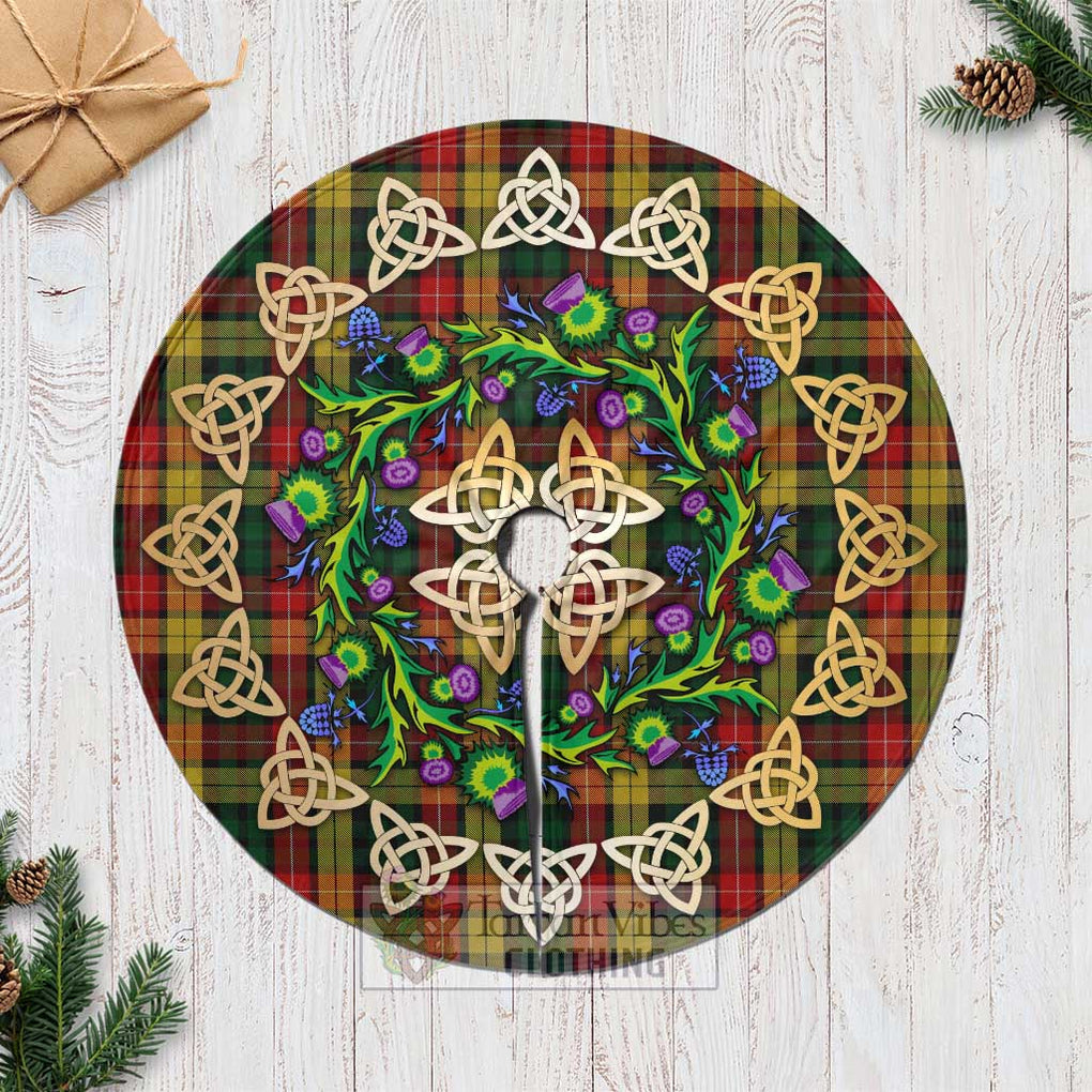 Tartan Vibes Clothing Buchanan Tartan Christmas Tree Skirt with Thistle Celtic Knot Style
