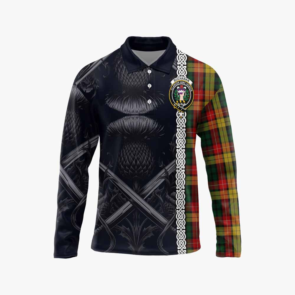Tartan Vibes Clothing Buchanan Tartan Long Sleeve Polo Shirt with Family Crest Cross Sword Thistle Celtic Vibes