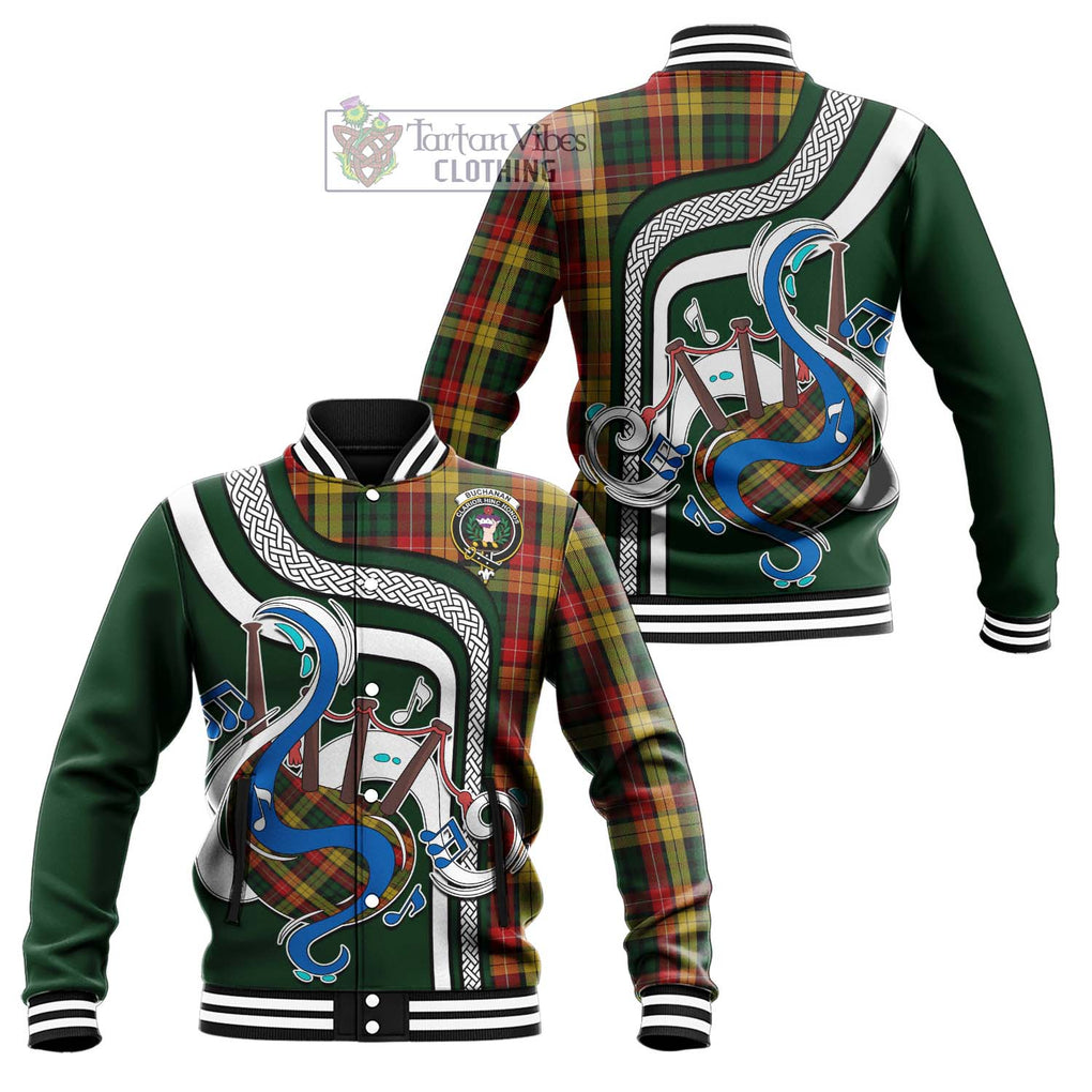 Tartan Vibes Clothing Buchanan Tartan Baseball Jacket with Epic Bagpipe Style
