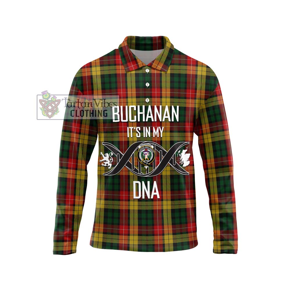 Buchanan Tartan Long Sleeve Polo Shirt with Family Crest DNA In Me Style Unisex - Tartanvibesclothing Shop