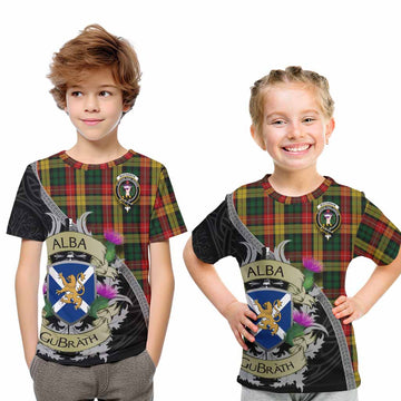 Tartan Vibes Clothing Buchanan Tartan Family Crest Kid T-Shirt Lion Rampant Royal Thistle Shield Celtic Inspired