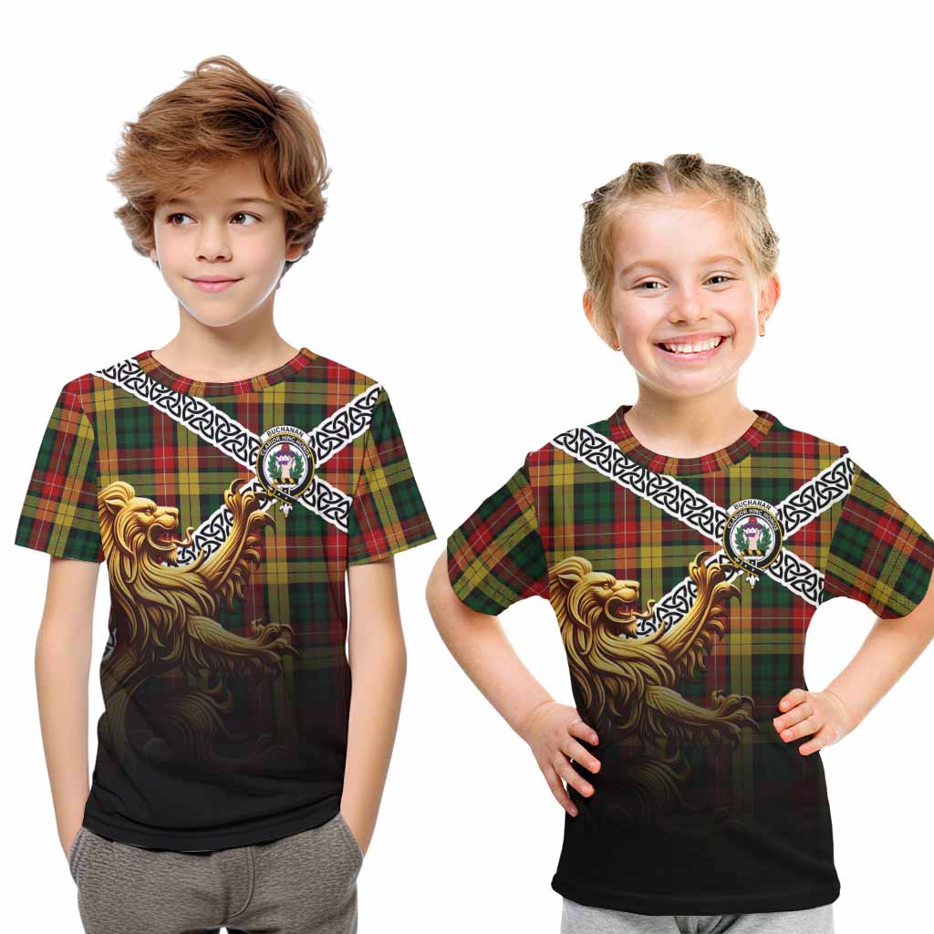 Tartan Vibes Clothing Buchanan Crest Tartan Kid T-Shirt with Golden Lion Emblem Celtic Style
