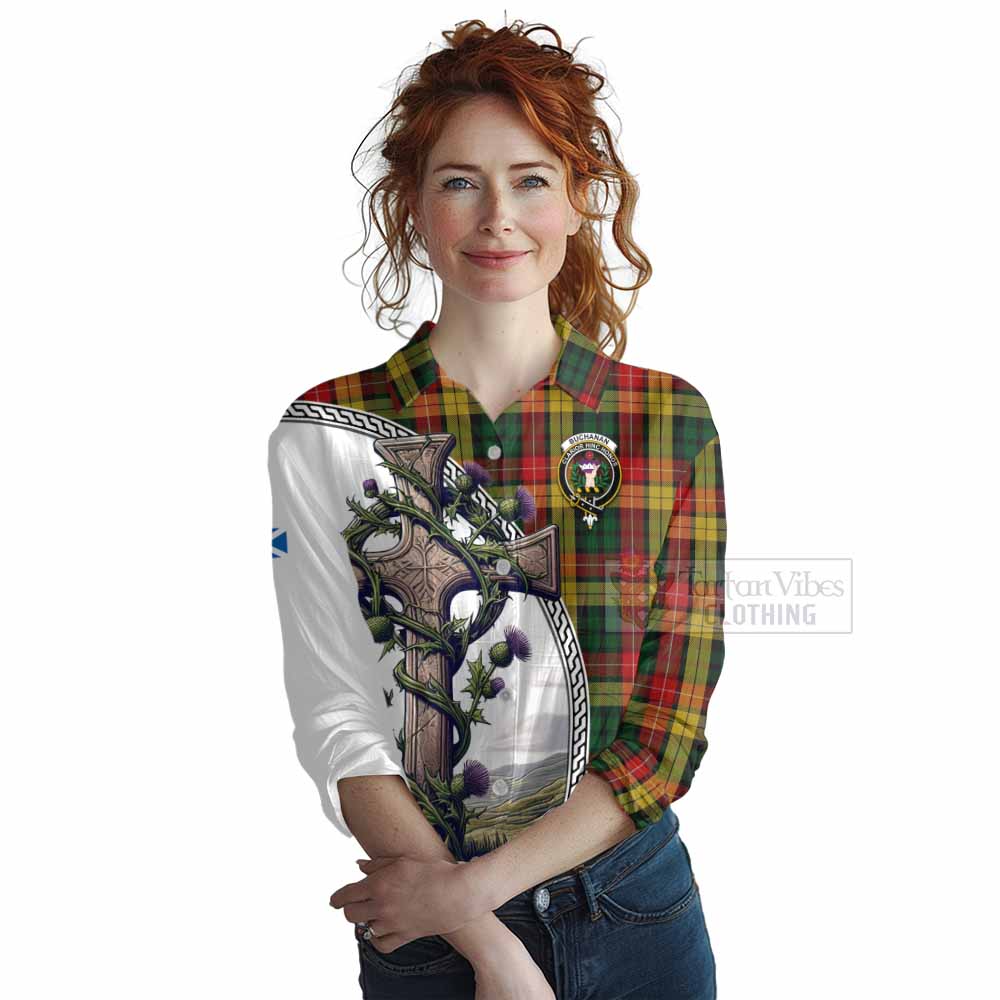 Tartan Vibes Clothing Buchanan Tartan Women's Casual Shirt with Family Crest and St. Andrew's Cross Accented by Thistle Vines