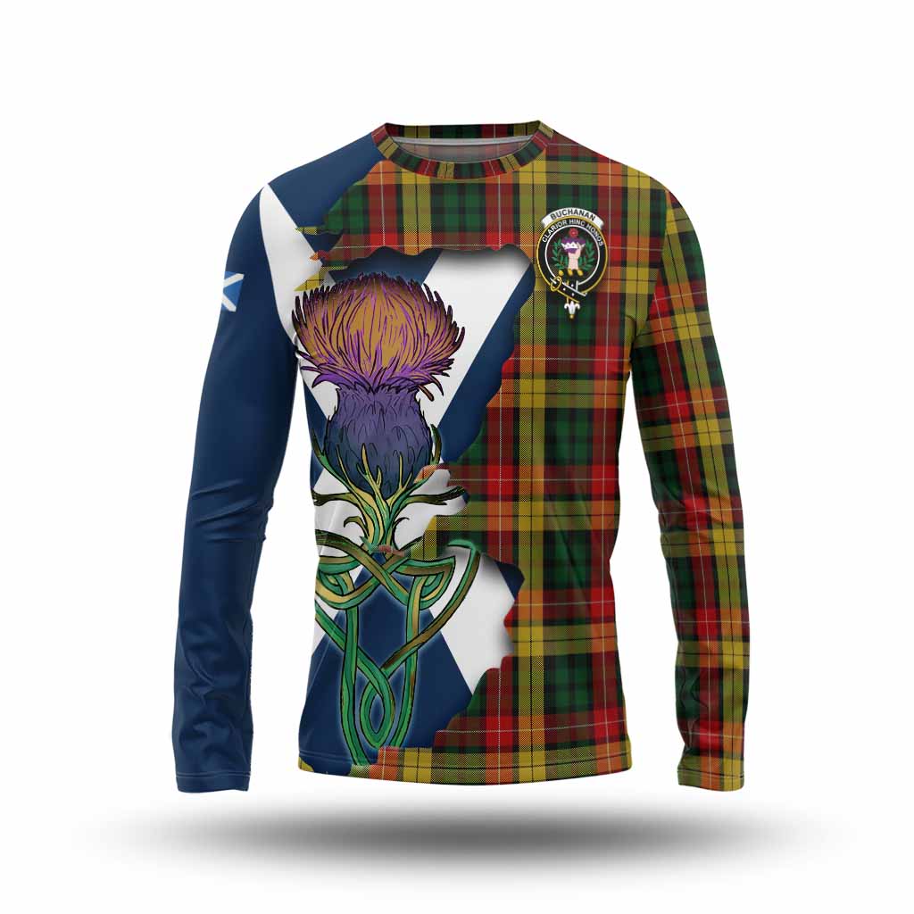 Tartan Vibes Clothing Buchanan Tartan Family Crest Long Sleeve T-Shirt Scottish Thistle Celtic Inspired