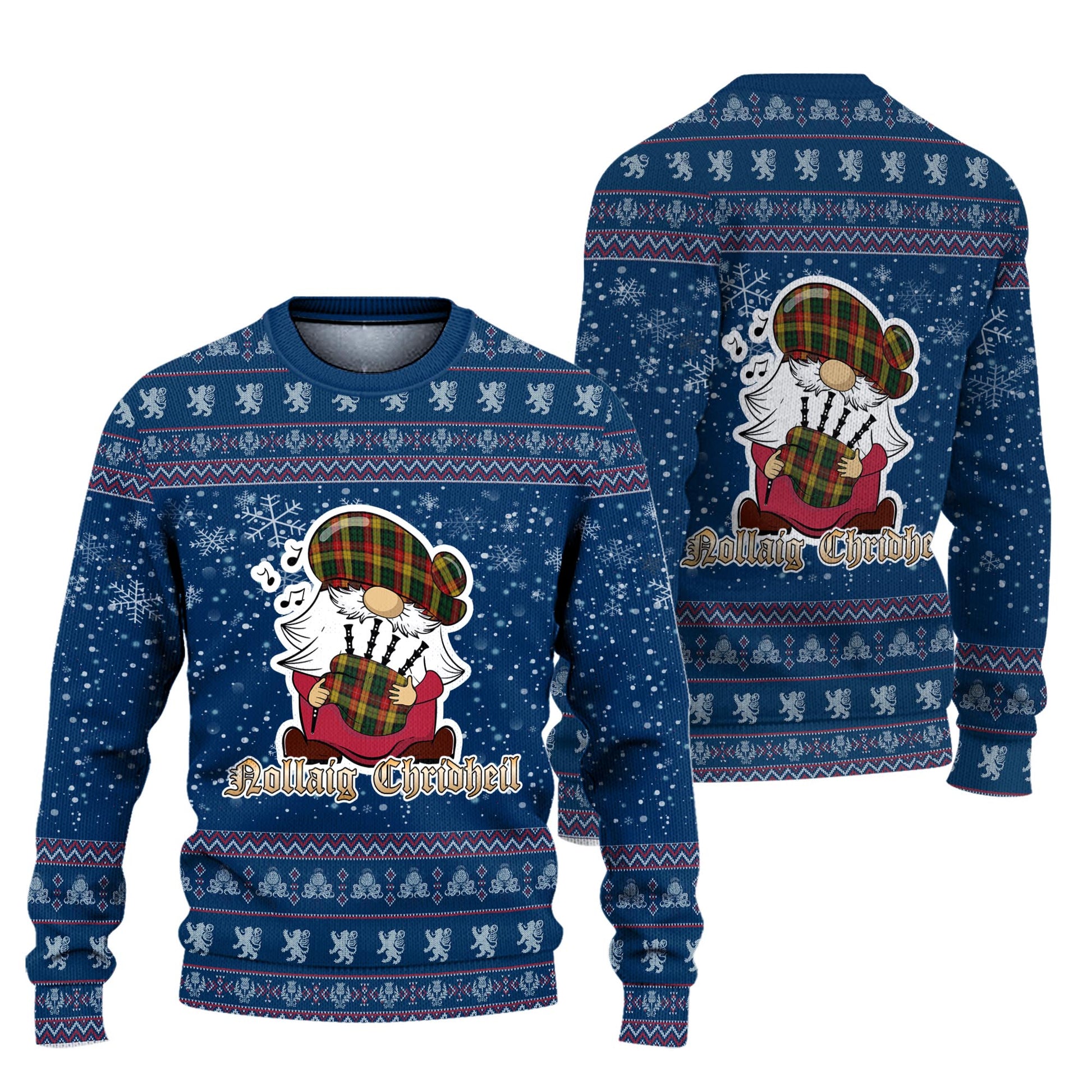 Buchanan Clan Christmas Family Knitted Sweater with Funny Gnome Playing Bagpipes Unisex Blue - Tartanvibesclothing