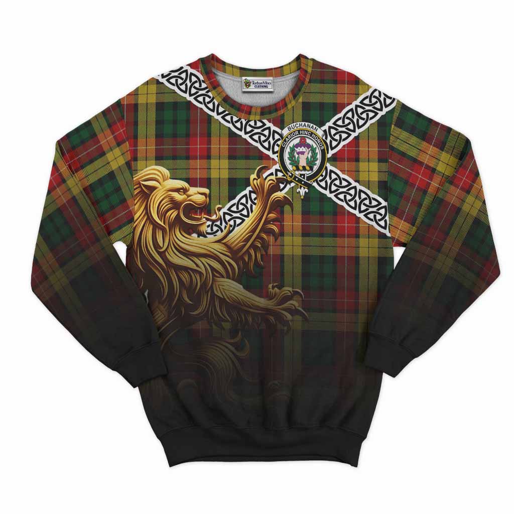 Tartan Vibes Clothing Buchanan Crest Tartan Sweatshirt with Golden Lion Emblem Celtic Style