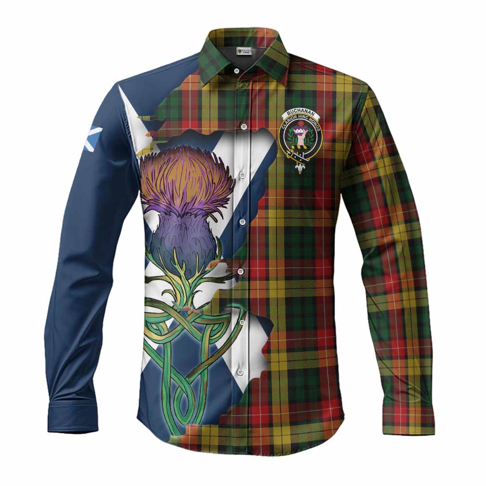 Tartan Vibes Clothing Buchanan Tartan Family Crest Long Sleeve Button Shirt Scottish Thistle Celtic Inspired