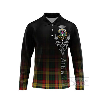 Tartan Vibes Clothing Buchanan Tartan Long Sleeve Polo Shirt Featuring Alba Gu Brath Family Crest Celtic Inspired